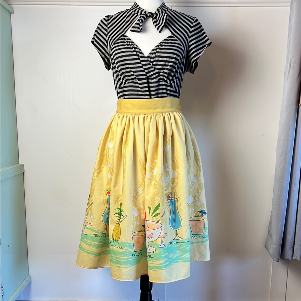 Pinup Yellow Tiki Cocktail Print Skirt XL from The Oblong Box Shop TOBS - Picture 2 of 12